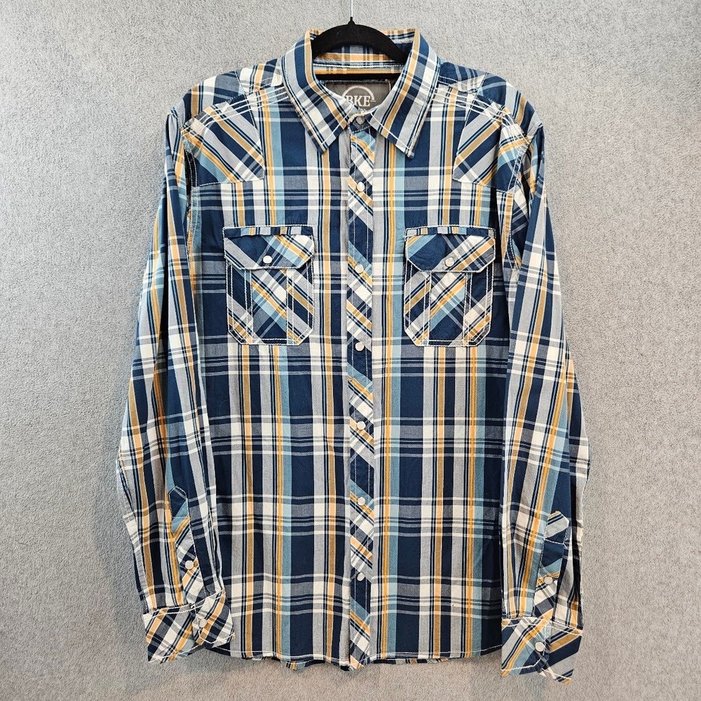 BKE Western Shirt Mens XL Blue Plaid Pearl Snap Slim Fit Casual Workwear Top